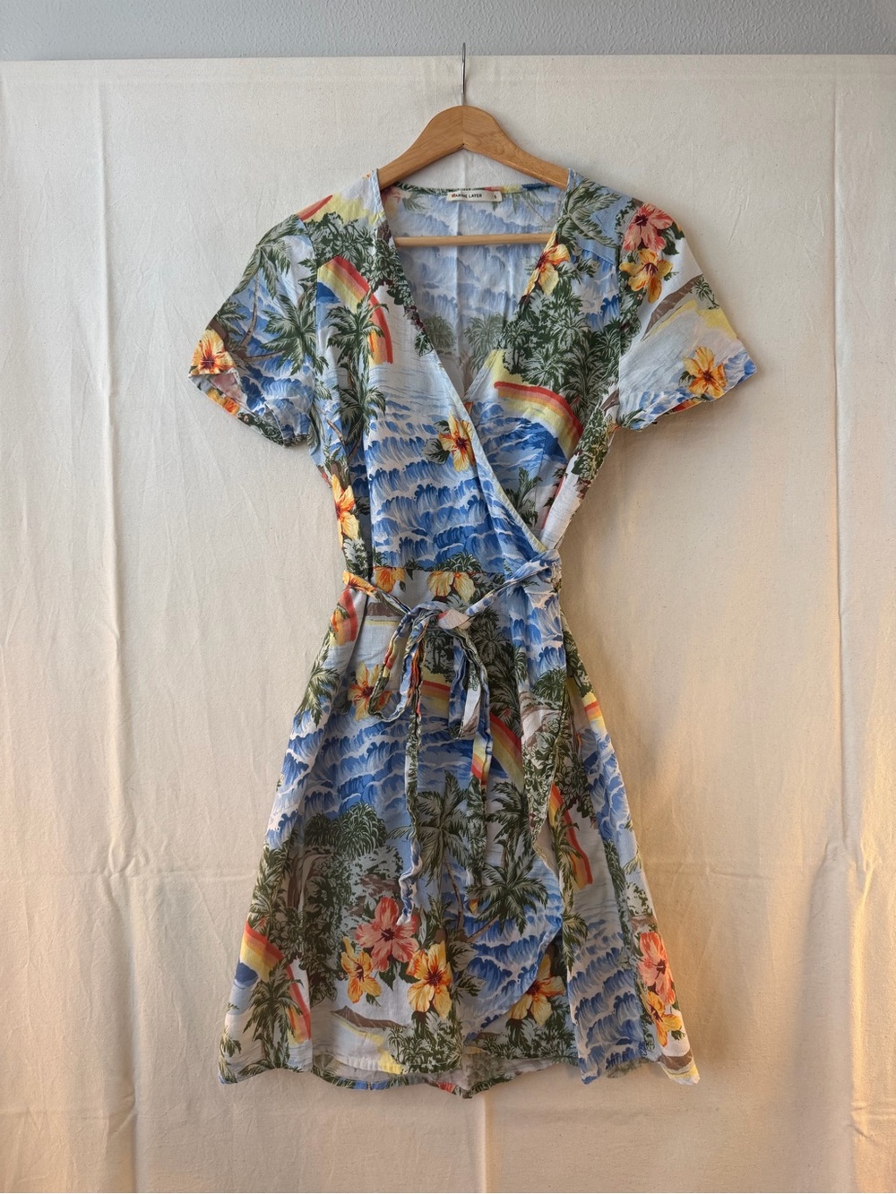 Marine Layer Blue Tropical Wrap Mini Dress with Rainbow Accents